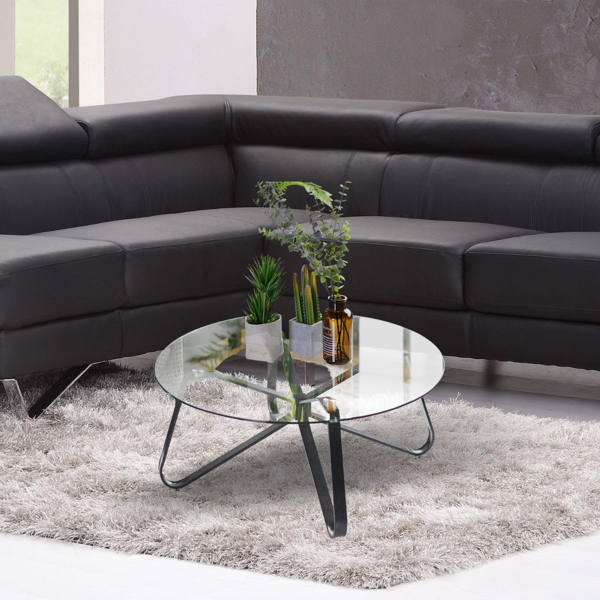 FurnitureR Coffee Table D80cm Round Modern Glass Tea Table Easy Assembly Tempered Glass for Living Room