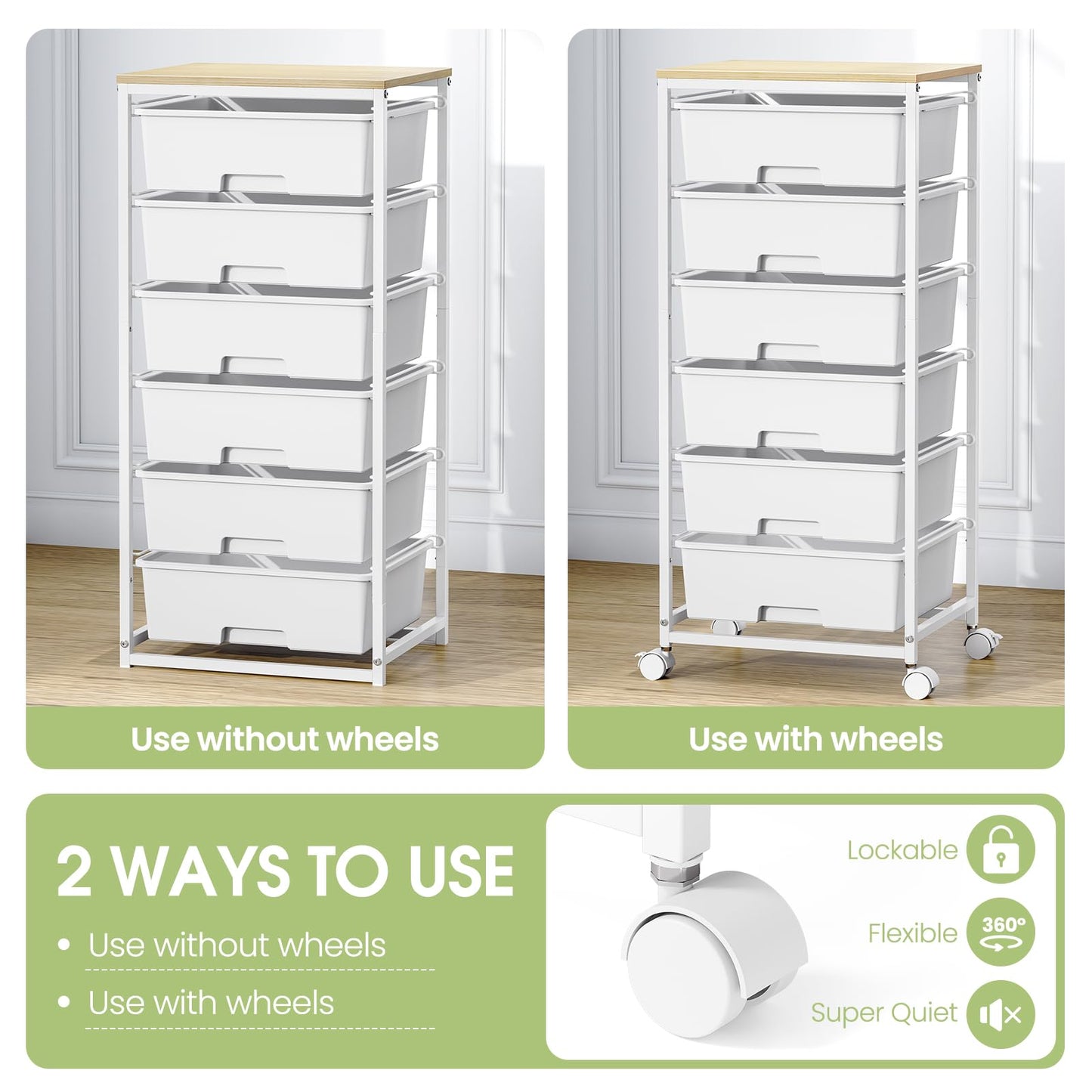 6-Drawer Craft Organizer Trolley Cart with Wooden Top, White
