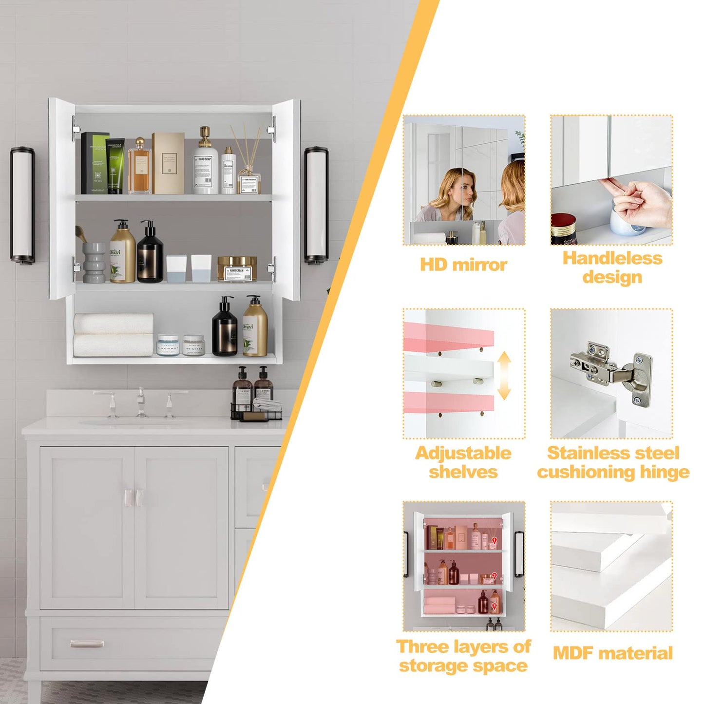 TUKAILAi 2 Door Bathroom Mirror Cabinet with Open Shelf, Wall Mounted