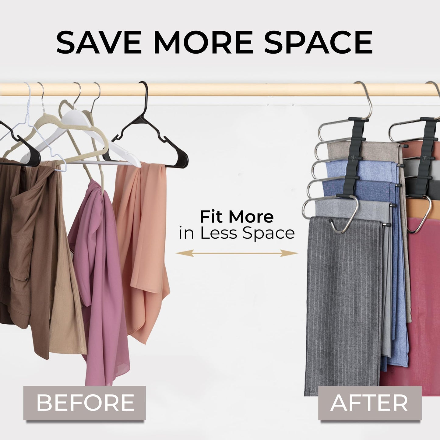 MORALVE Trousers Hangers Space Saving - 2 Pack - Non-Slip Multi-Layer Space Saving Hangers - Multifunctional Clothing Rack for Closet Storage