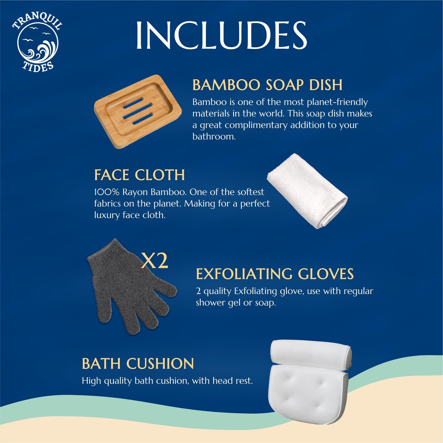 Tranquil Tides Bamboo Bath Caddy Tray with Pillow – Luxury Bath Board Set with Soap Dish, Facecloth & Exfoliating Gloves – Over Bath Tray Gift Set