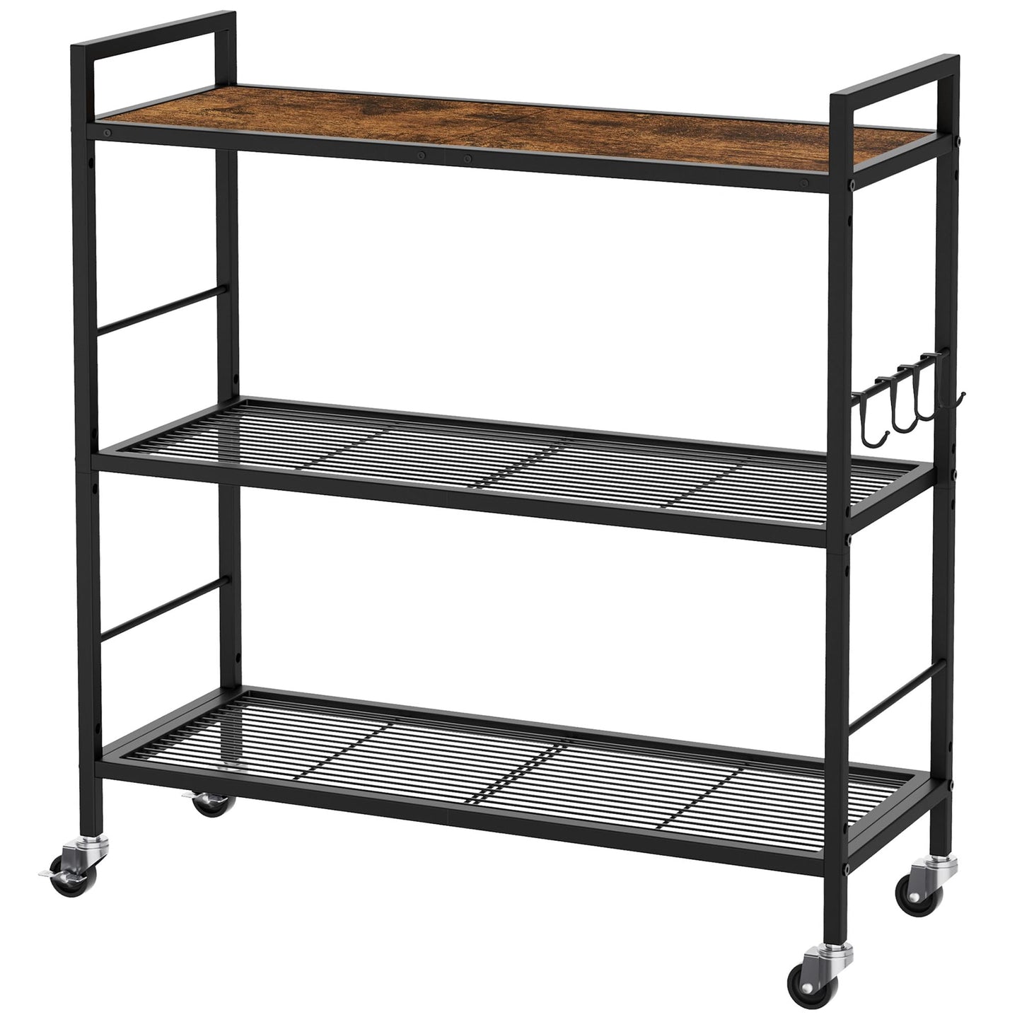 3-Tier kitchen trolley,Brown Wood Top,80W×30Dcm,4 Hooks, Adjustable Shelves