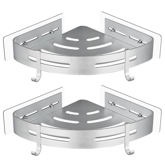 GRICOL Corner Shower Shelf No Drilling Metal with 2 Hooks for Shower Holder Rust Proof Self Adhesive Bathroom Items (Silver)