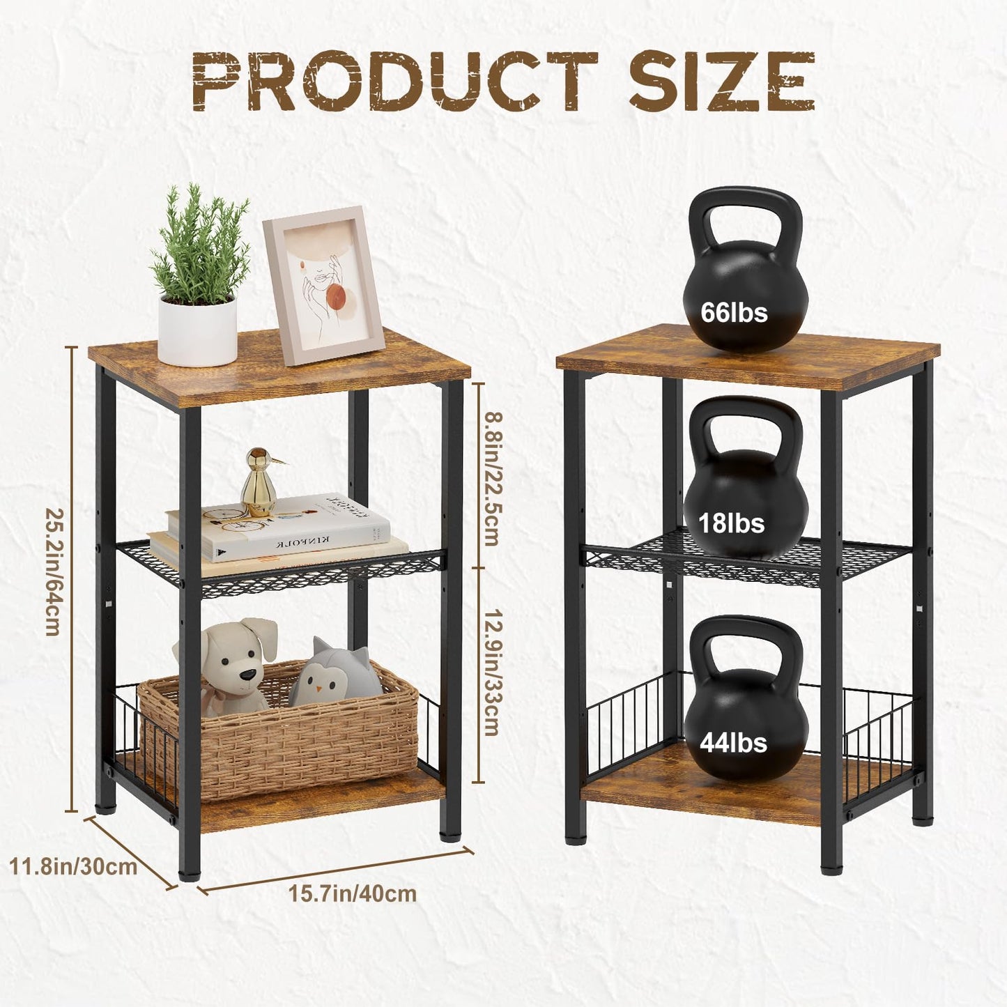 iDavosic.ly 3-Tier Side Table Living Room, Small Bedside Table Nightstand, Industrial Coffee End Table Storage Organizer for Bedroom Office, Rustic