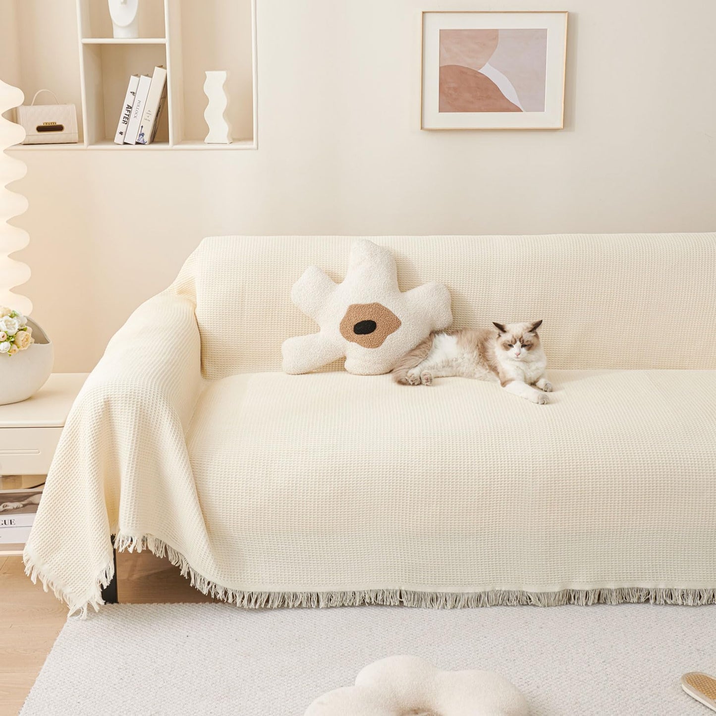 LHGOGO Waffle Pattern Throws for Sofas Large 3 Seater Sofa Throw with Decorative Fringe, Versatile Woven Throws for Settees Couch and Armchairs,