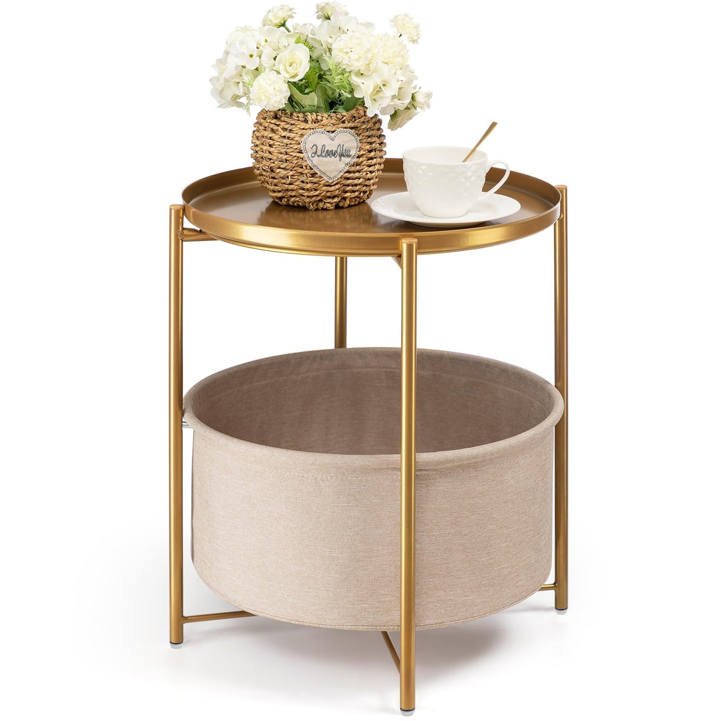 danpinera Round Side Table with Fabric Storage Basket, Metal Side Small Bedside Table Nightstand with Removable Tray Top for Living Room, Bedroom