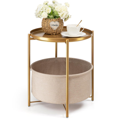 danpinera Round Side Table with Fabric Storage Basket, Metal Side Small Bedside Table Nightstand with Removable Tray Top for Living Room, Bedroom