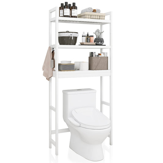 SMIBUY Bathroom Storage Shelf, Bamboo Over-The-Toilet Organizer Rack, Freestanding Toilet Space Saver with 3-Tier Adjustable Shelves (White)