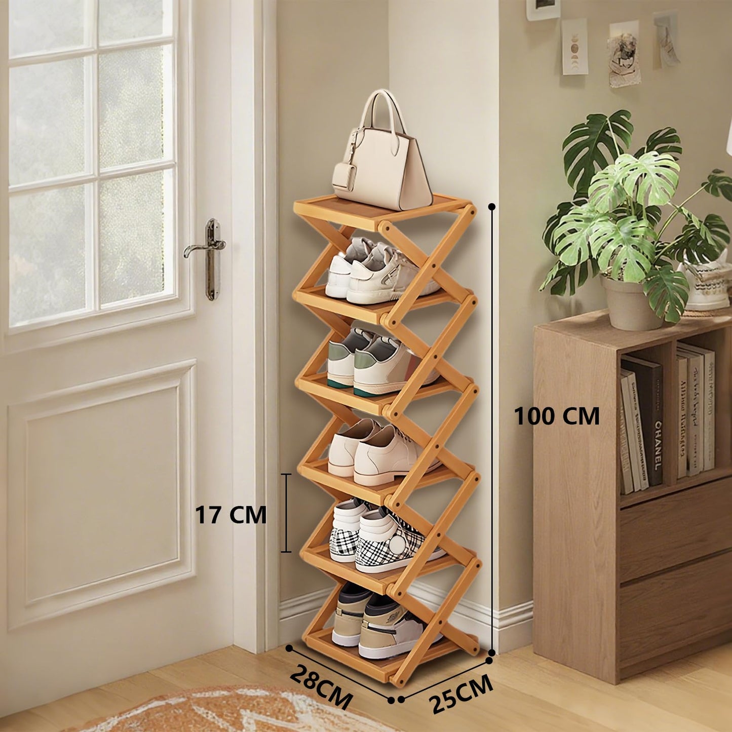 YYW Shoe Rack, Foldable Shoes Organizer Free Standing Shelf for Entryway, Closet, Hallway, Foldable X Shape Multi Tier Shoe Rack (Wood Color,6 Layers)
