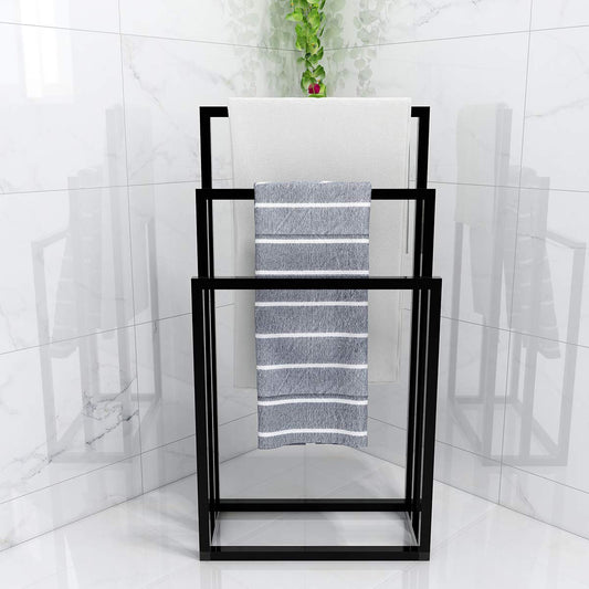 Metal Towel Bathroom Rack 3 Bars Freestanding Drying Shelf 3 Tier Storage Organizer Washcloths Holder (Black)