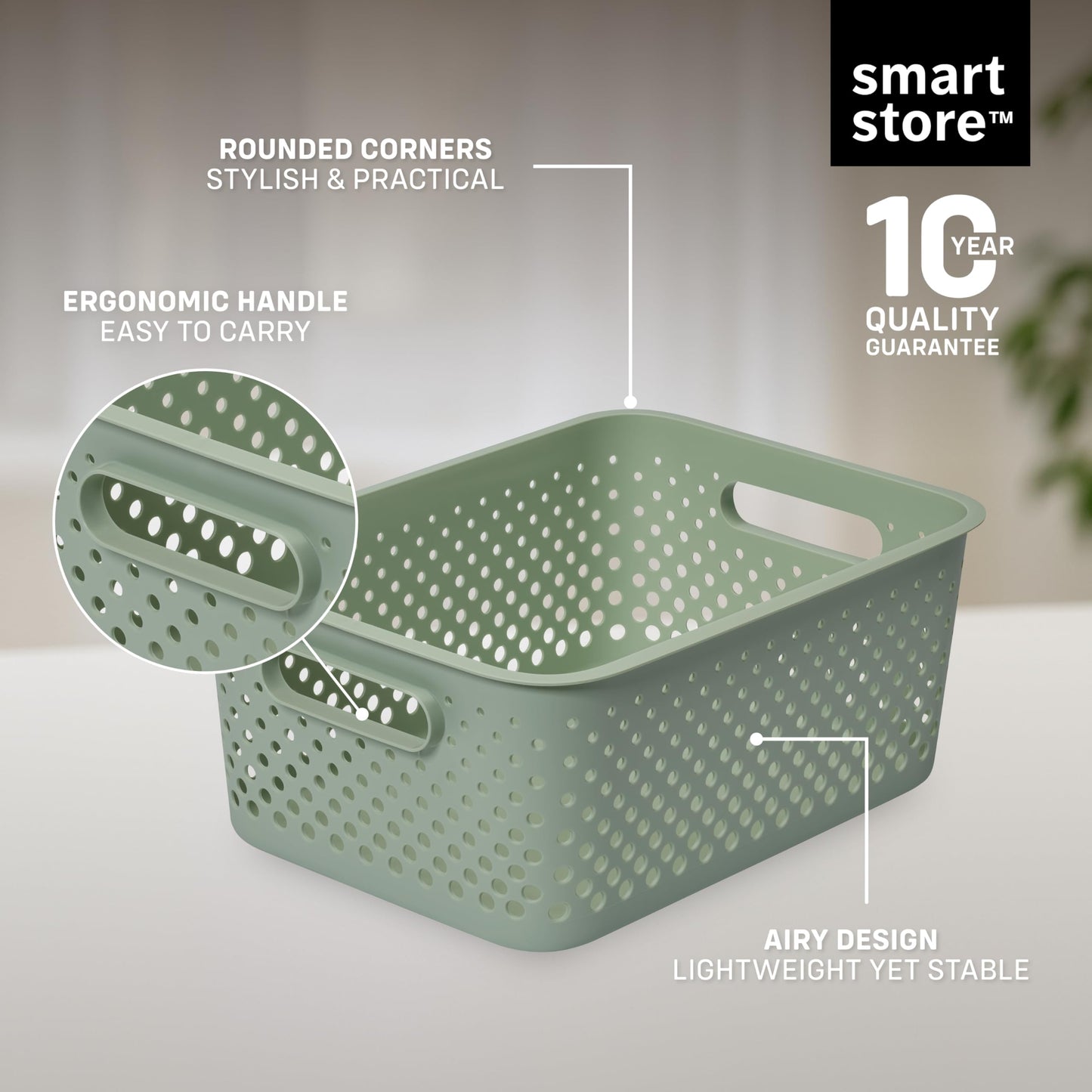 SmartStore Storage Basket with Handles in Green 11.4L (36.5x27x15cm) | Plastic Storage Bin from Recycled Plastic