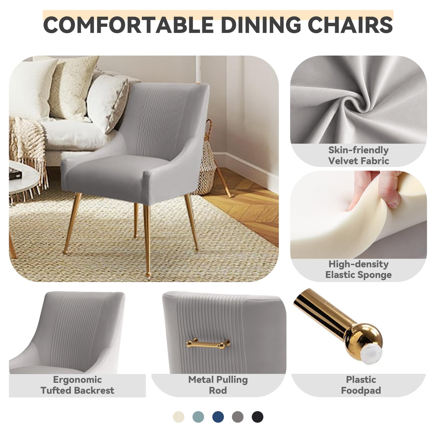 SEYNAR Modern Dining Chairs, Velvet Upholstered Dining Room Chairs with Gold Legs,Tufted Accent Chair Set of 2 for Reception Room Living Room Study