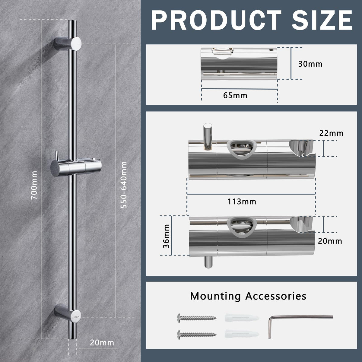 DETBOM Shower Riser Rail 70cm27.56", Segmented Wall Mounted Shower Rail, Wall Mounted Shower Rail kit, Adjustable Shower Head Holder Bar