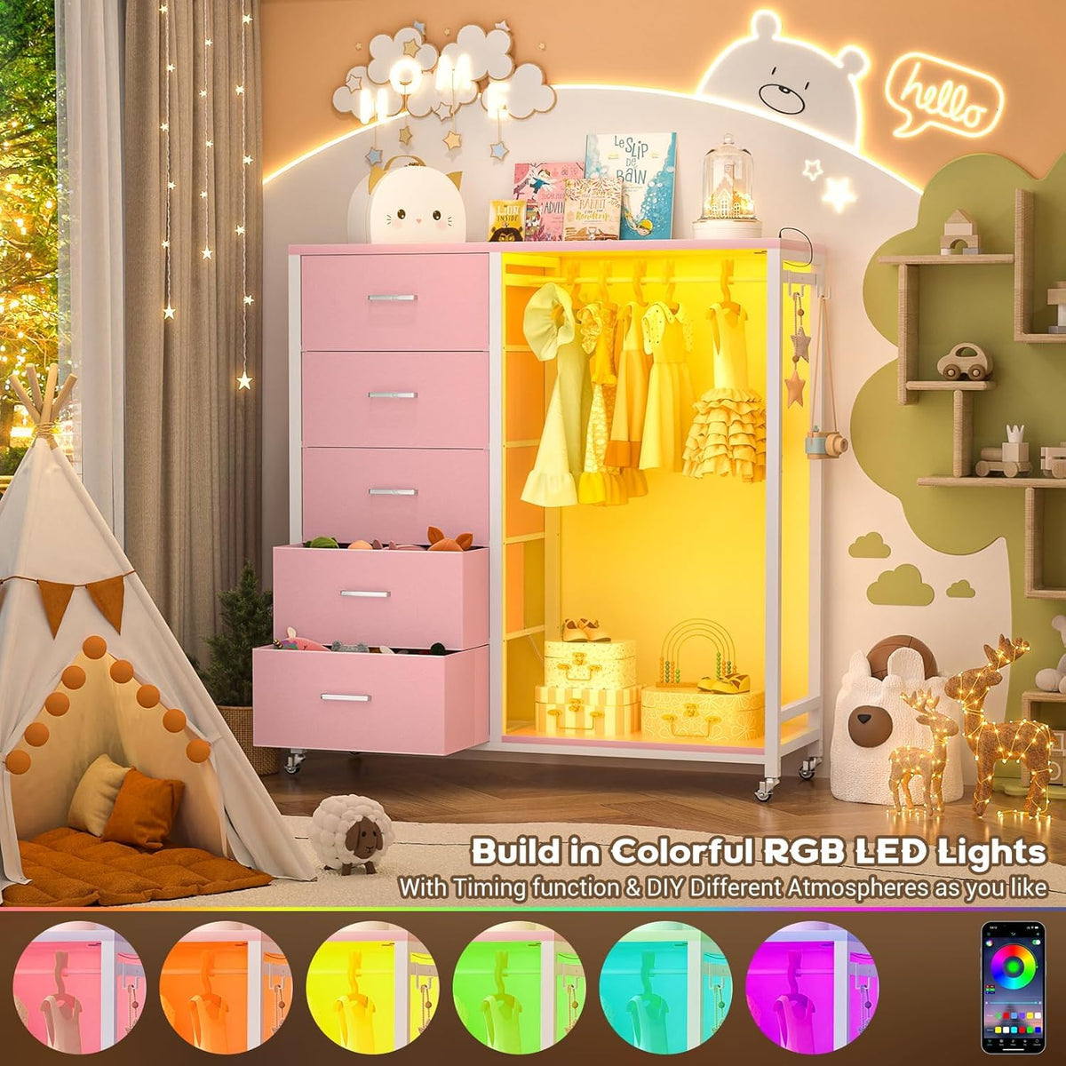 iSunirm 2 in 1 Chest of Drawers, Dresser for Bedroom,5 Fabric Drawers Dresser with LED Lights & Charging Station,Open Wardrobe with Clothes Rack,Pink
