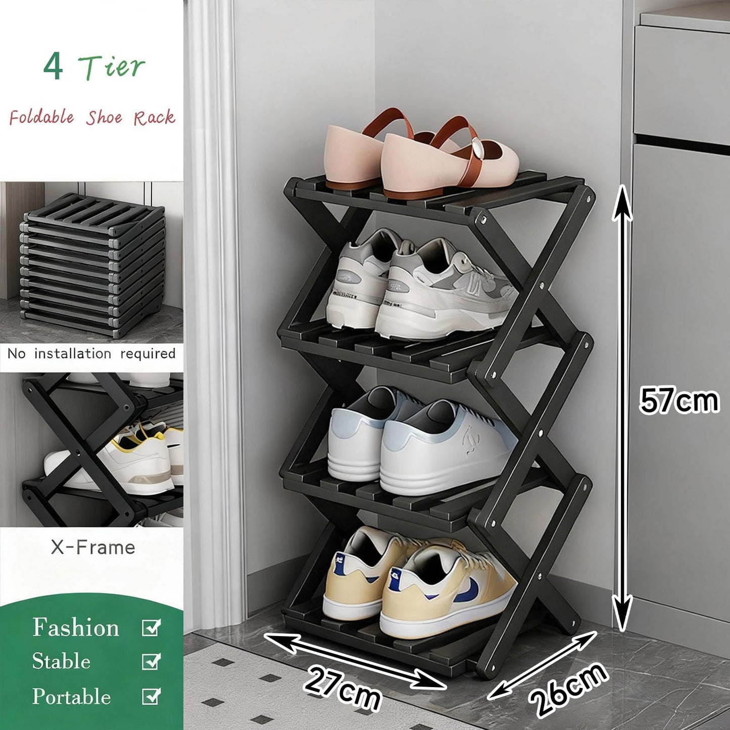 GIRYES Small Shoe Rack Black, 4 Tier Bamboo Foldable Shoes Organizer Free Standing Shelf for Entryway, Bedrooms, Closet, Living Room Corner
