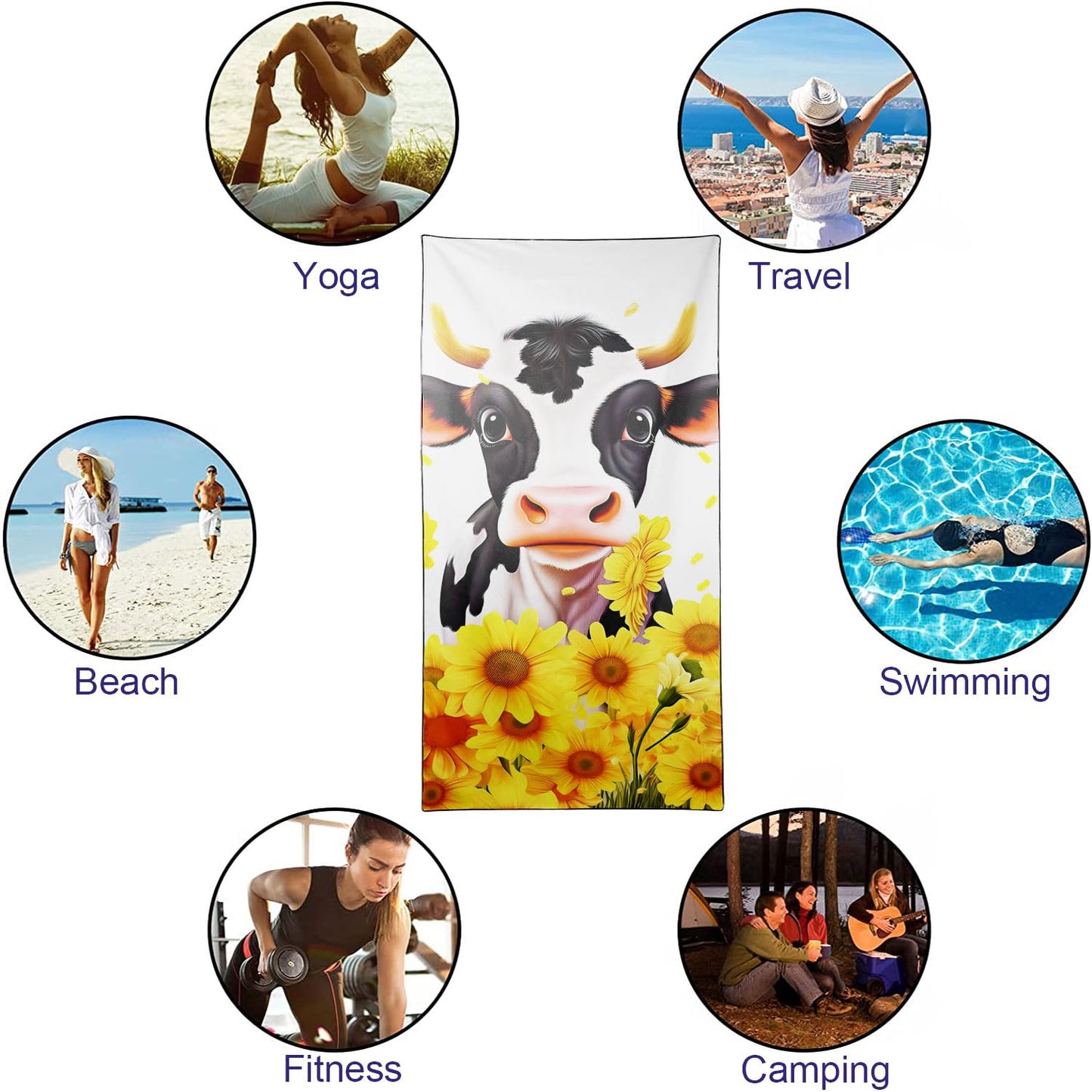 YISUMEI Cow & Sunflowers Beach Towels for Adults Extra Large 180 x 90 cm, Microfibre Quick Dry Towel for Travel Swimming Camping Sports