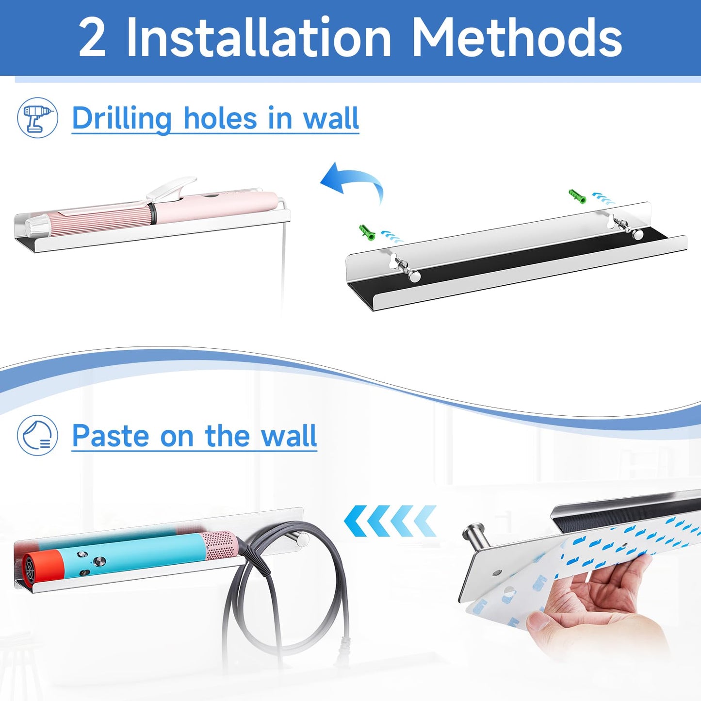 Hair Straightener Holder Wall Mount, Hair Tool Organiser for Curling Irons Styler Accessories Storage, Stainless Steel Hair Brush Holder