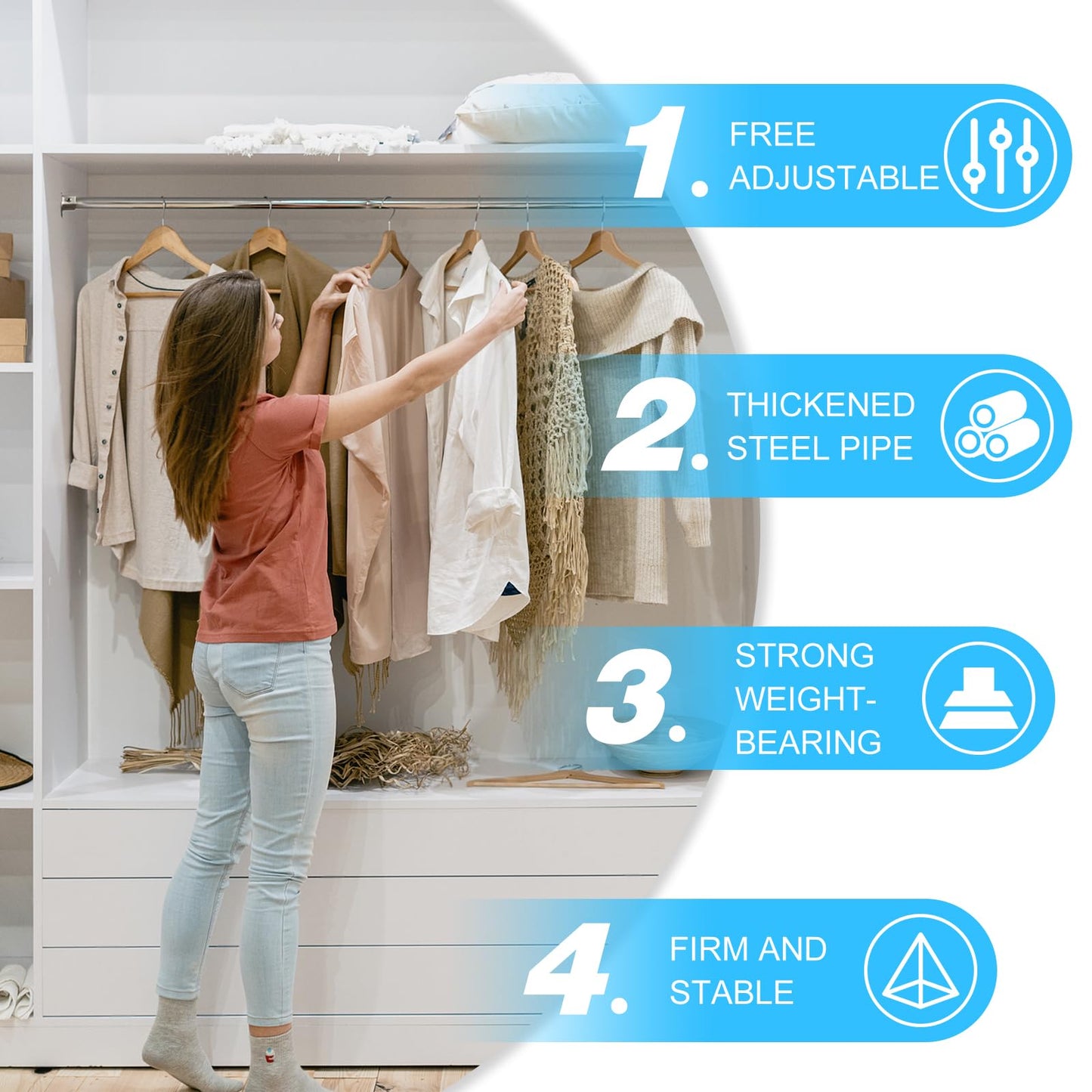 Wardlock 112-210cm Extendable Stainless Steel Wardrobe Rail, Adjustable Clothes Rail Pole With U Shaped End Sockets.