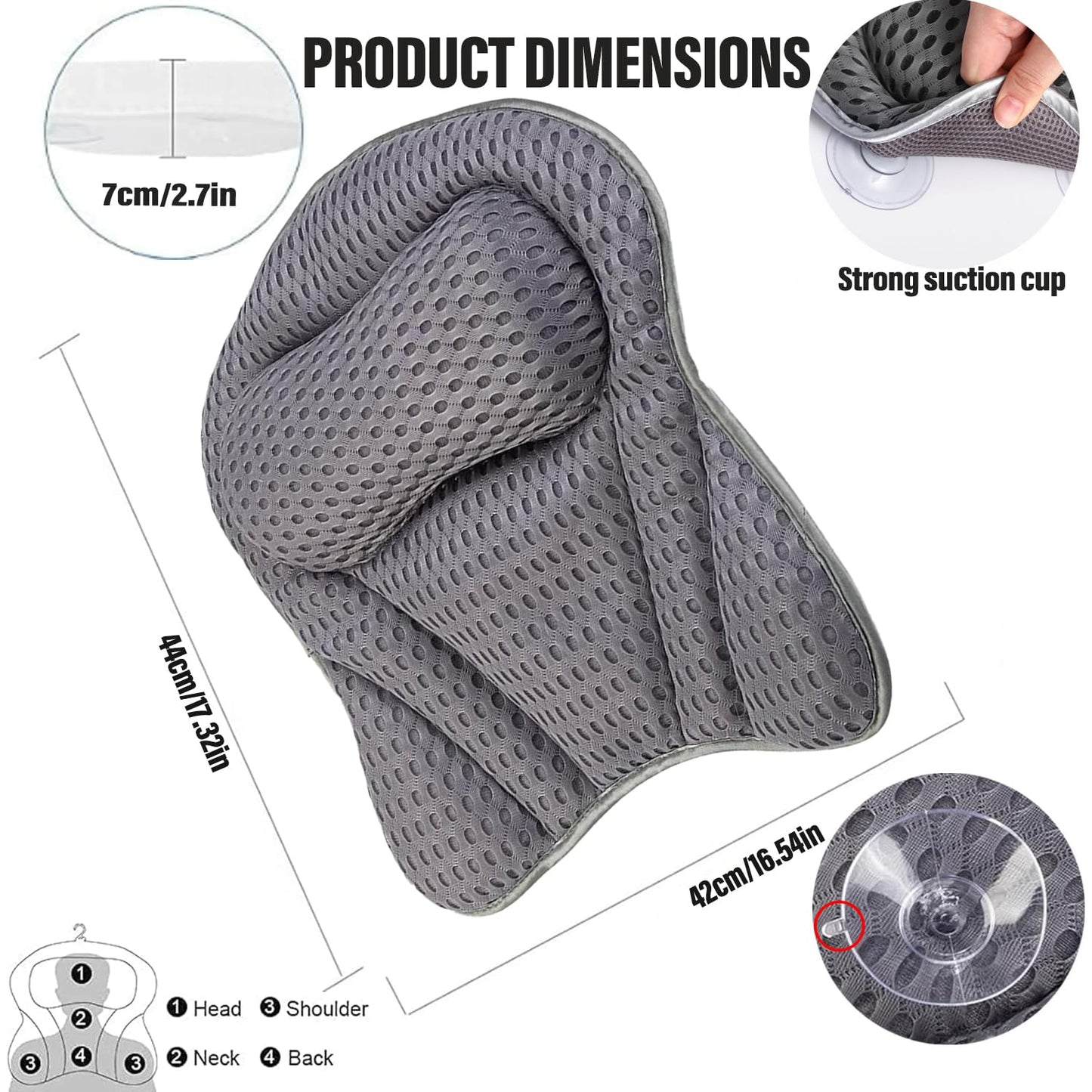 Bath Pillow 4D Ergonomic Bath Pillow Neck and Back Support Bath Cushion Air Mesh Technology Bath Headrest Pillow Bath Pillows with 6 Strong Suction