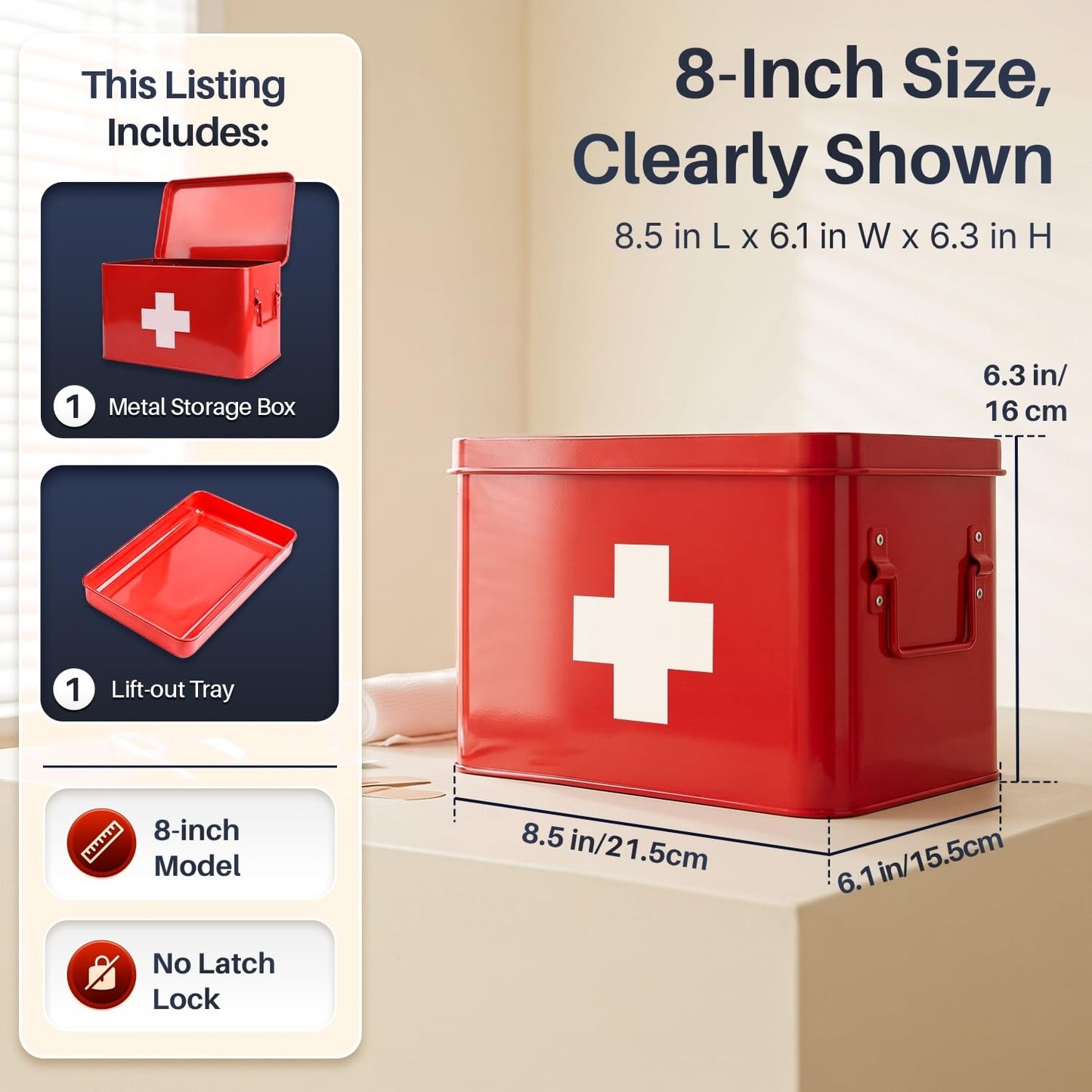 Flexzion Metal First Aid Box Empty, 8.5 Inch Red Vintage First Aid Storage Box, First Aid Tin Container with Dividers, Removable Tray