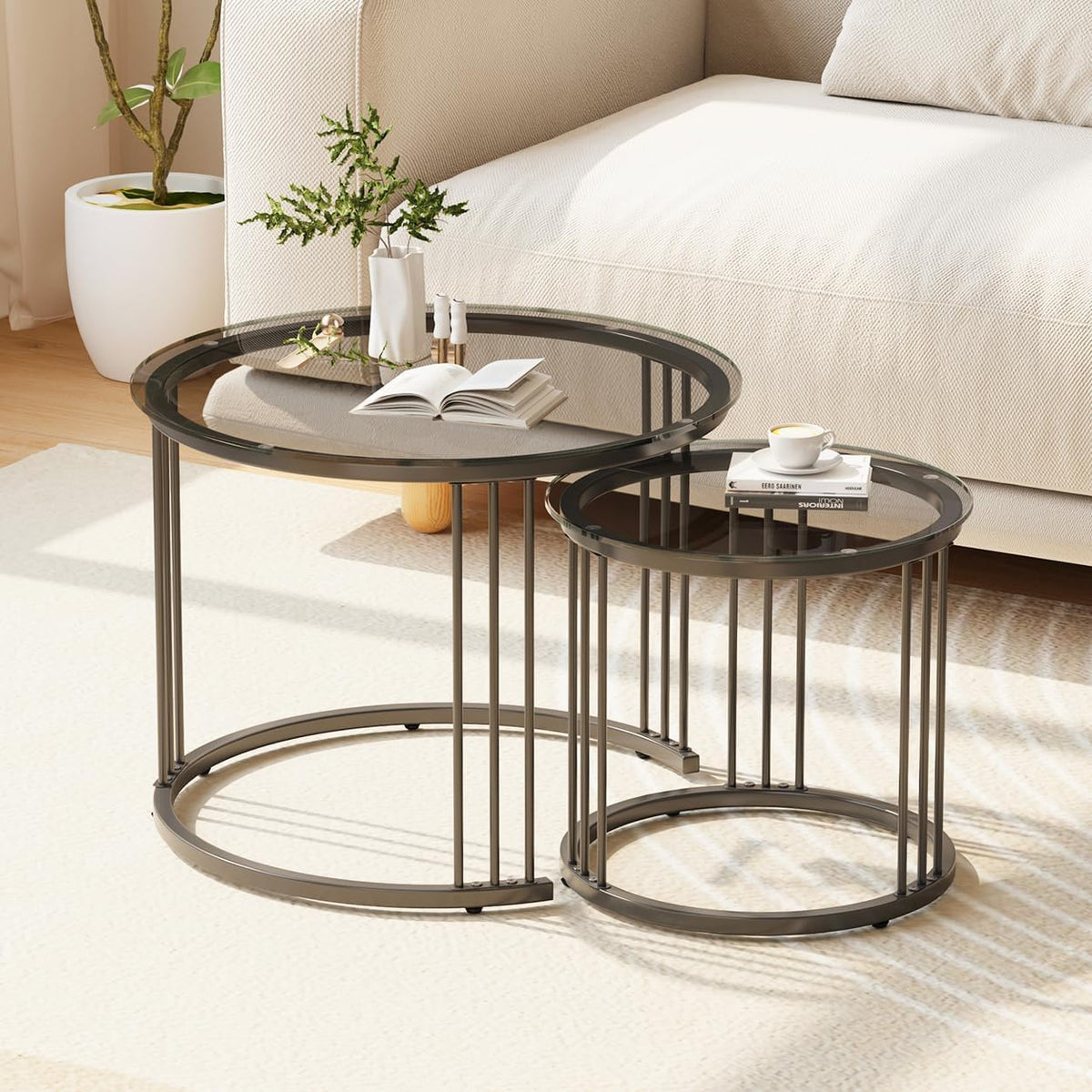 Huhote Round Coffee Tables, Set of 2 End Table, Nesting Tables, Side Table with Metal Frame for Living Room/Bedroom/Balcony/Office/Apartment