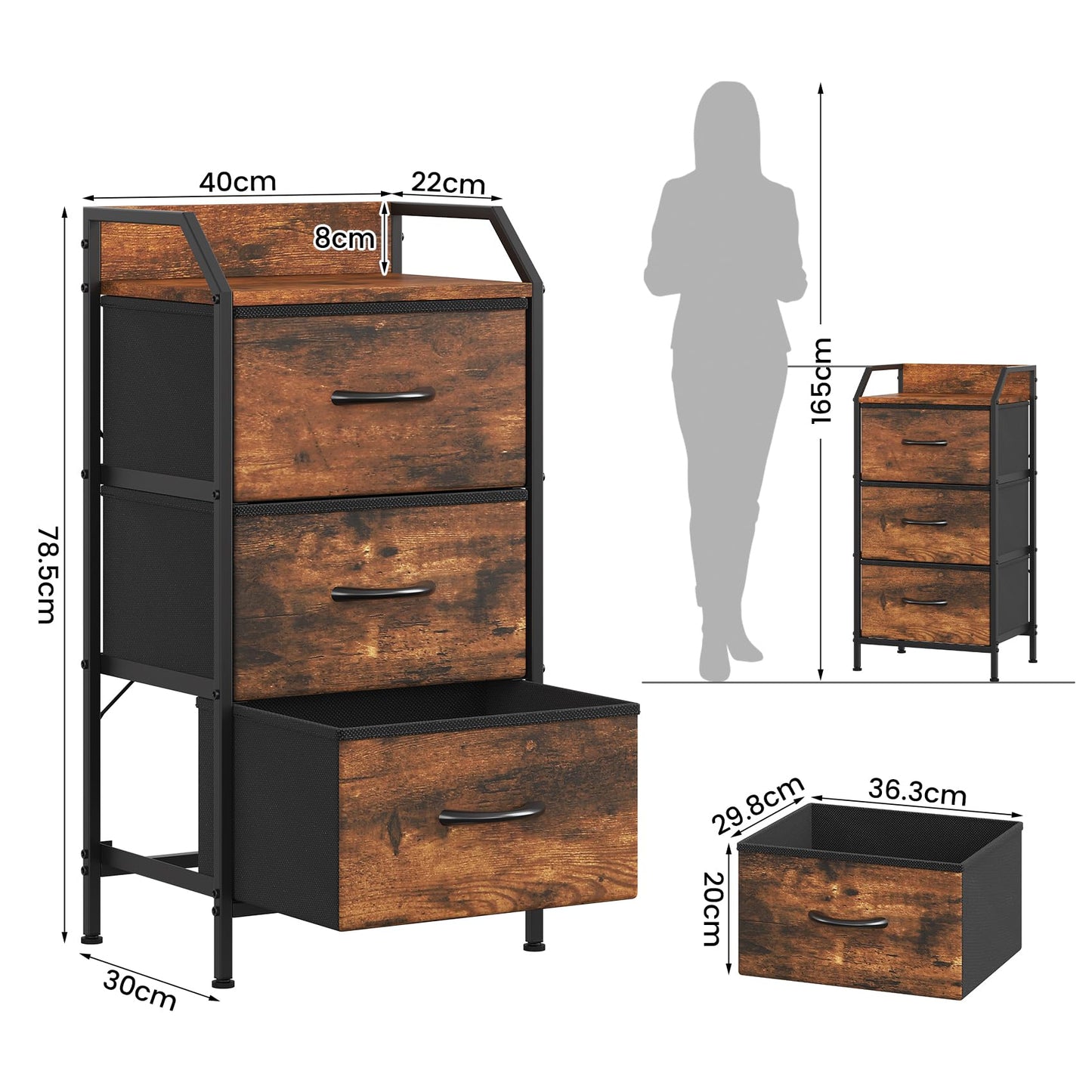 Feonase 3-Drawer Chest of Drawers with Metal Frame & Top Back Shelf – Modern Fabric Storage Cabinet for Bedroom, Living Room, Small Spaces