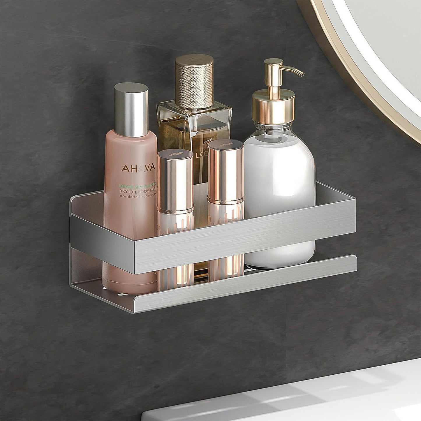 EXLECO 2 x 30 cm Shower Shelf No Drilling Shower Shelf Wall Stainless Steel Bathroom Shelf with 8 Hooks Shower Basket for Drilling Bathroom Shelf