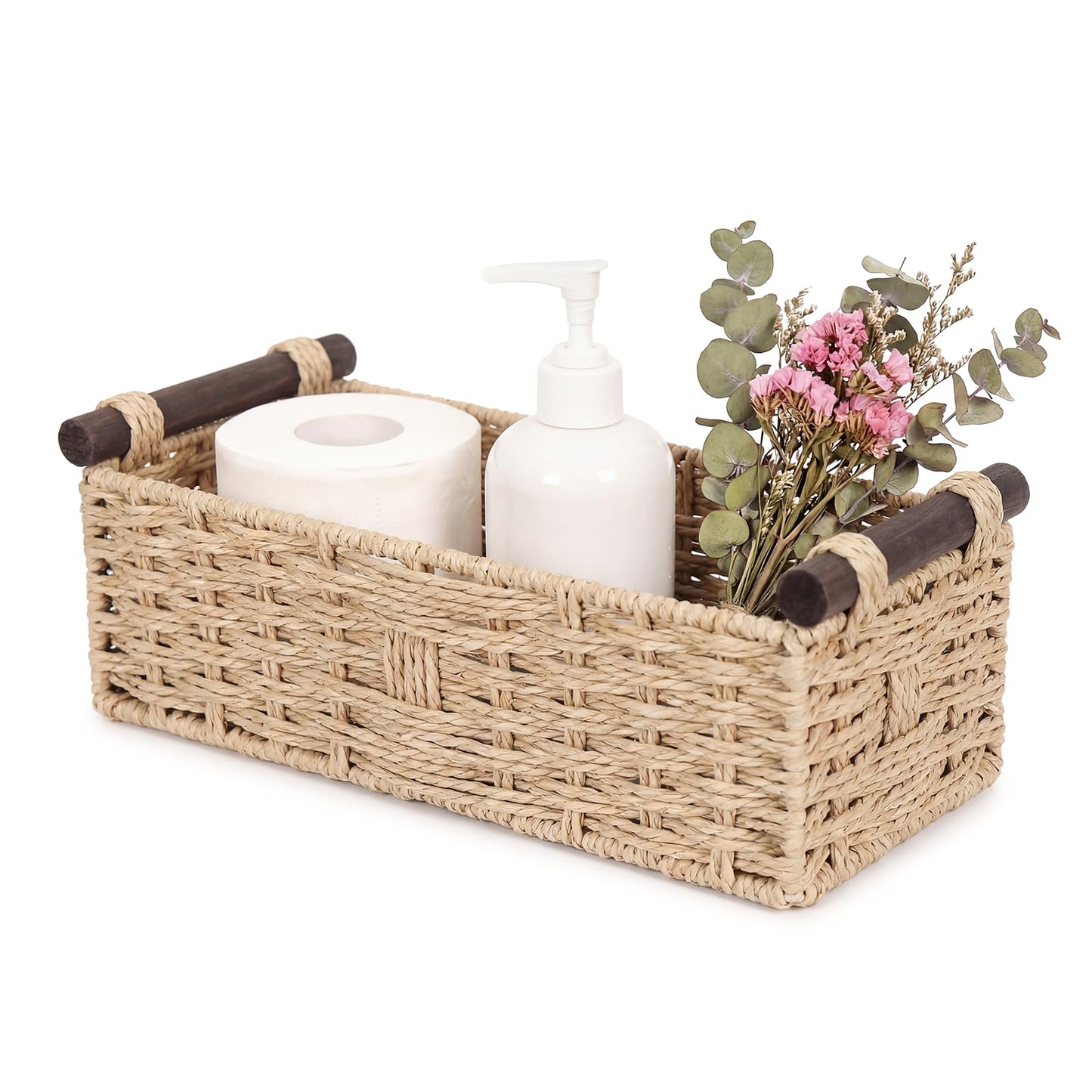 Paper Rope Storage Wicker Baskets for Toilet Tank Top with Wooden Handle Small Decorative Organizer Bin Rectangular Tray for Countertop Shelf Beige