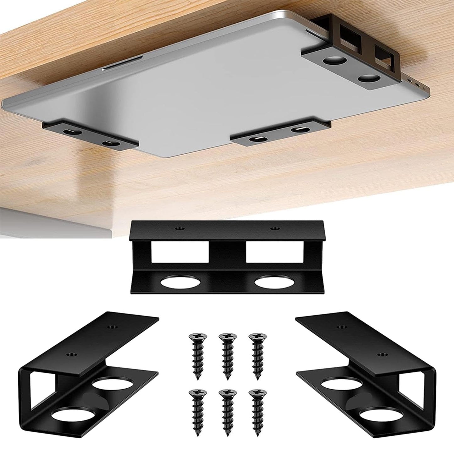 Kisbeibi Under Desk Laptop Mount, Metal Under Desk Laptop Storage Holder with Screws, Under Table Desk Holder for Laptop, Tablet