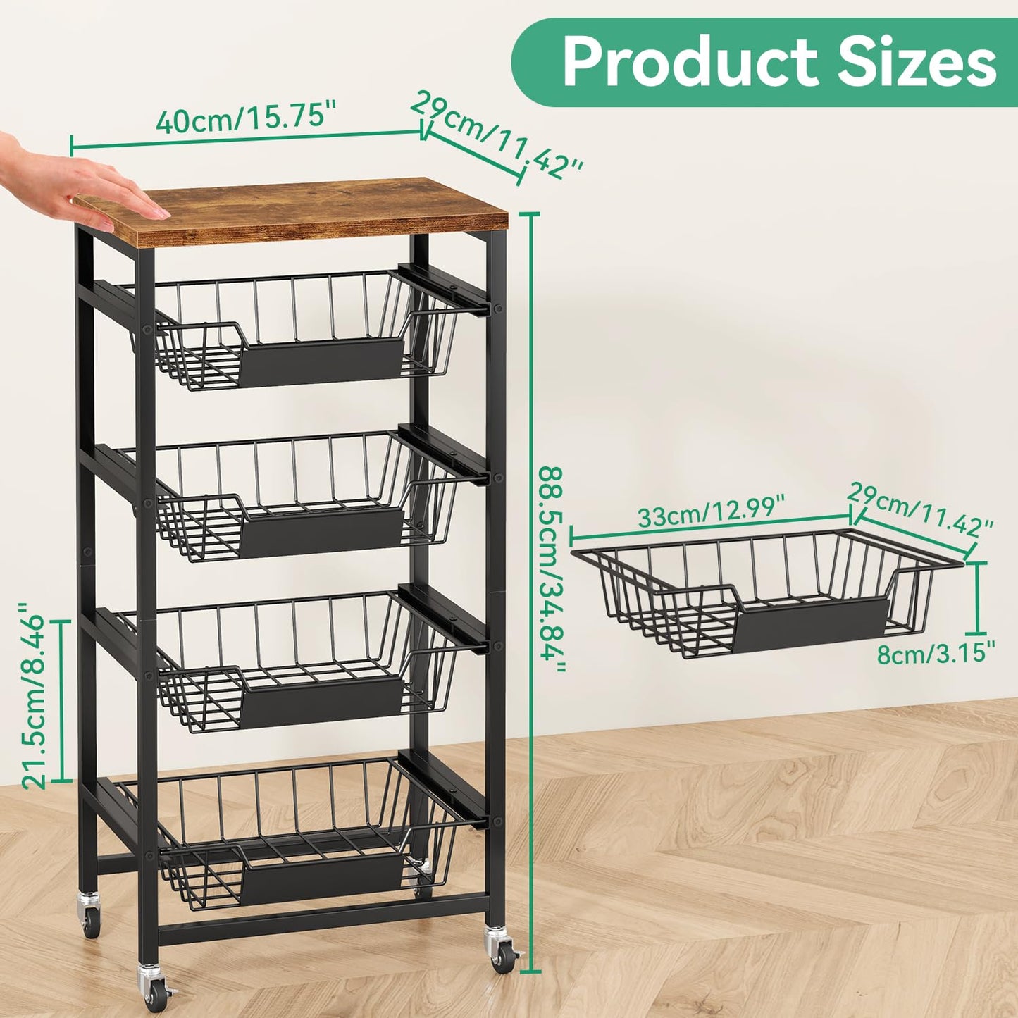 IBUYKE Kitchen Fruit Vegetable Storage Cart with Drawers,Metal Rolling Utility Cart with Fruit Basket and Wooden Top,Rolling Snack Kitchen Cart for