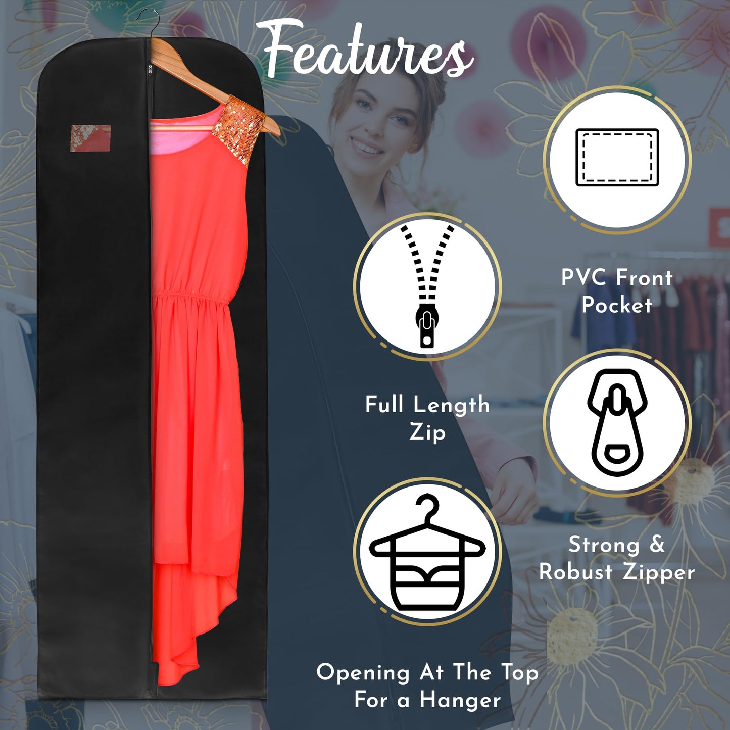 Wedcova Dress Bag | Hanging Garment Bags | Full Length Travel Covers | Wedding Long Clothes Storage Cover with Zipper for Women | 72 Inch (182cm)