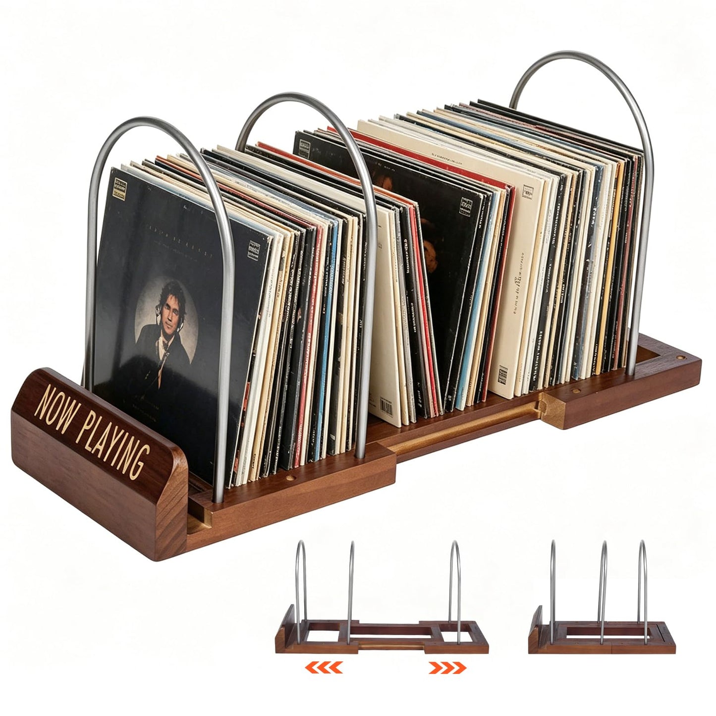 Yalitrca Adjustable Vinyl Record Storage Stand, Expandable LP Holder for 30–70 Albums, Wood & Metal Record Rack with Now Playing Display