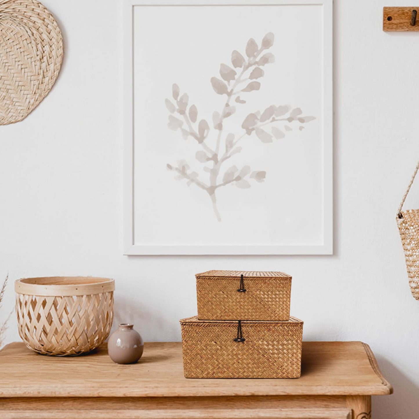 Wicker Storage Basket Woven Rattan Storage Box With Lids Seagrass Laundry Baskets Makeup Organizer For Bathroom, Living Room, Kitchen (XXL)