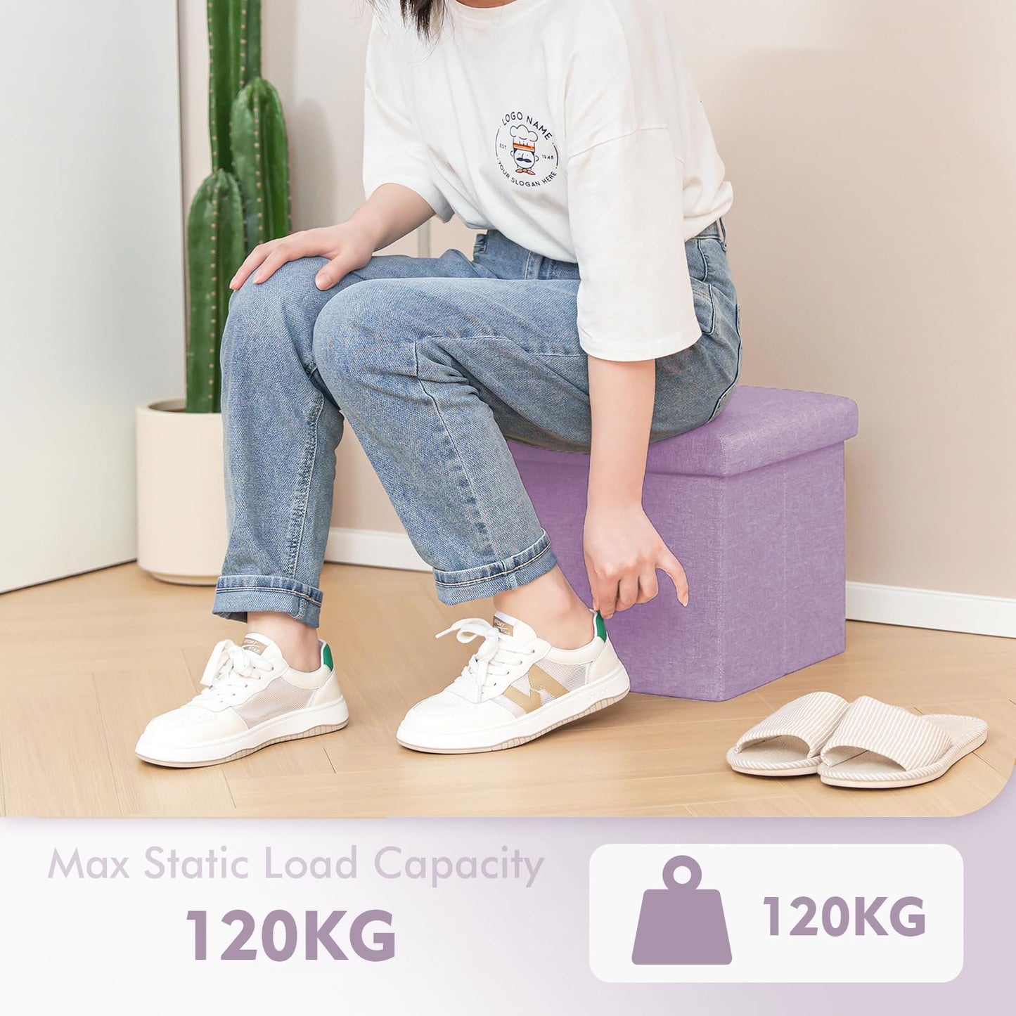 Bonlife Ottoman Storage Box - Foldable Square Footstool for Living Room, Kids Toy Chest with Lid, Multi-Use Seat & Storage.Light purple,30x30x30cm