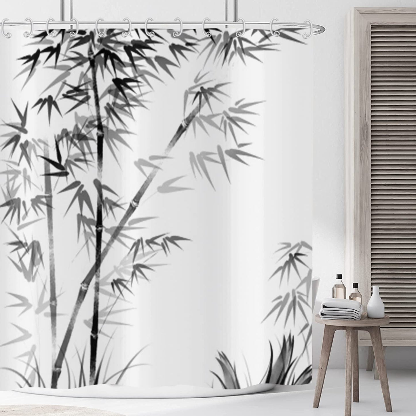 ASDCXZ Shower Curtain Bamboo 180x200 cm, Elegant Simple Black Bamboo Leaves Washable Bath Shower Curtains Polyester Textile Waterproof Outdoor Shower