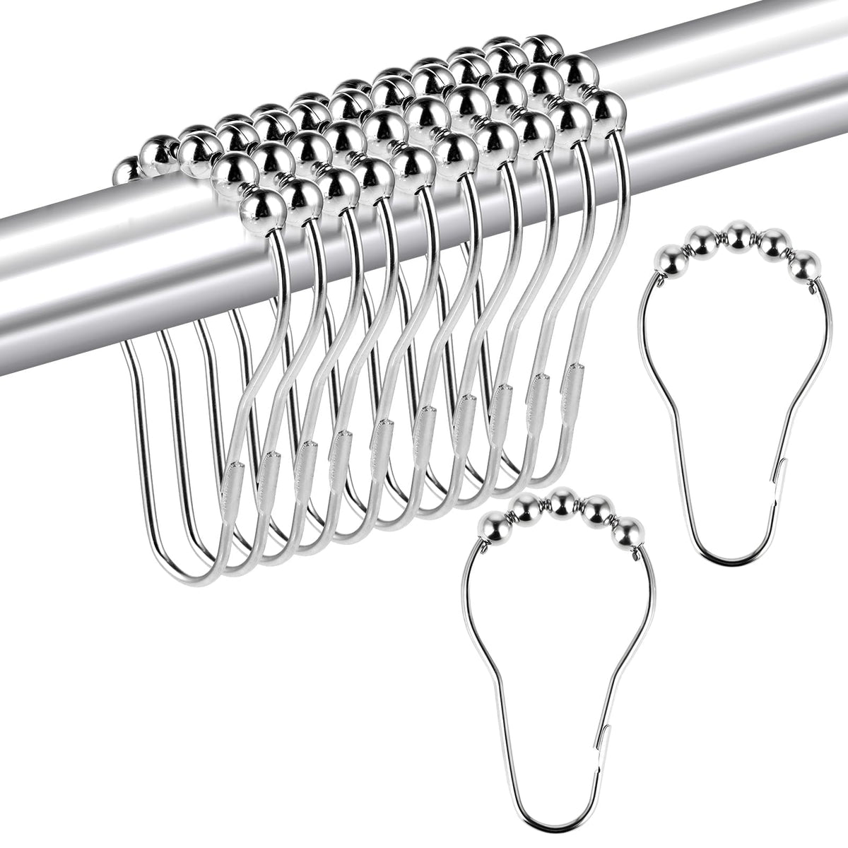 Fogcosy 14 Pcs Stainless Steel Shower Curtain Hooks with Roller Balls, Rust-Resistant, Heavy-Duty Closure, Suitable for Standard Bathrooms