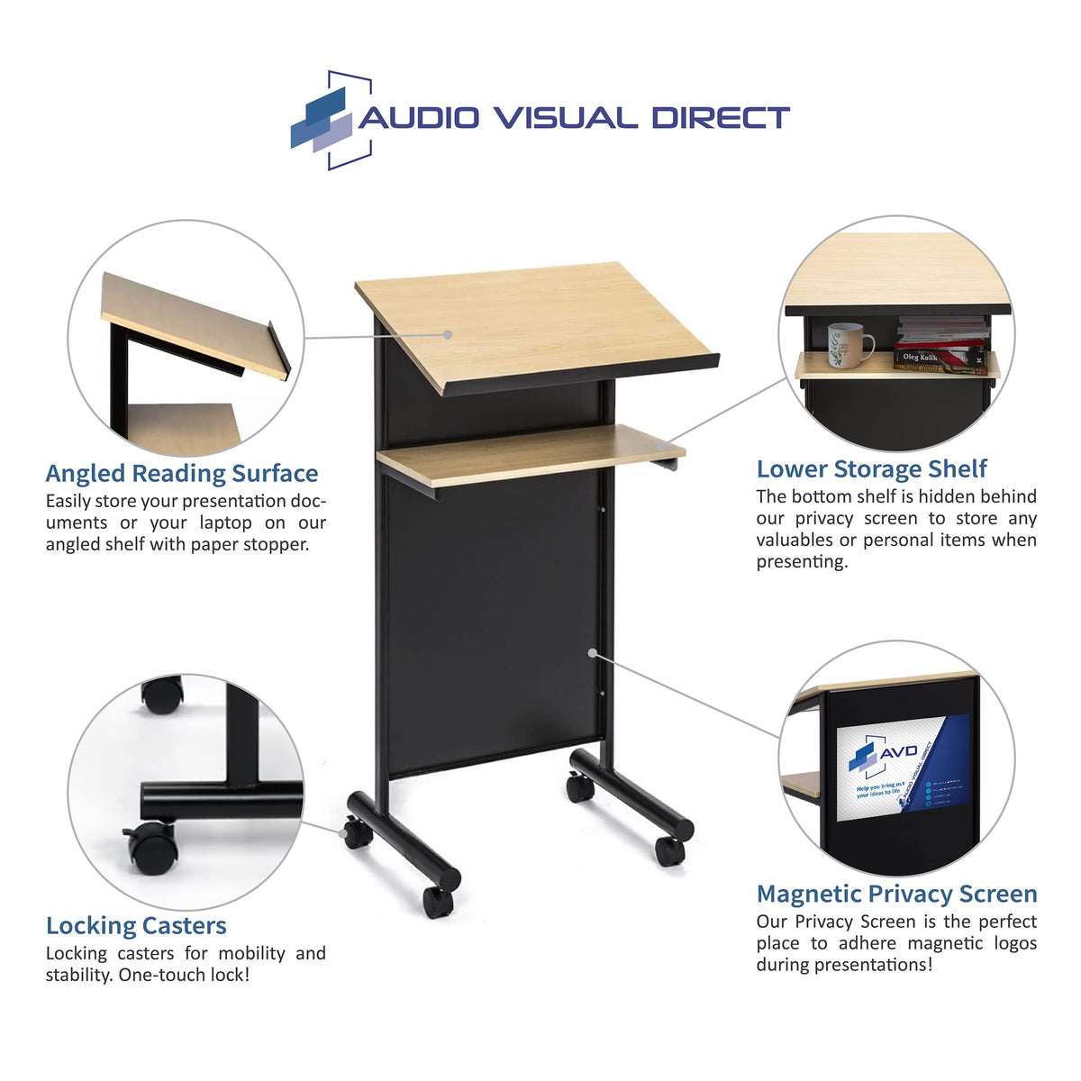 Audio-Visual Direct Wheeled Lectern with Storage Shelf - Beech/Black - Compact Standing Desk for Reading - LapTop Stand