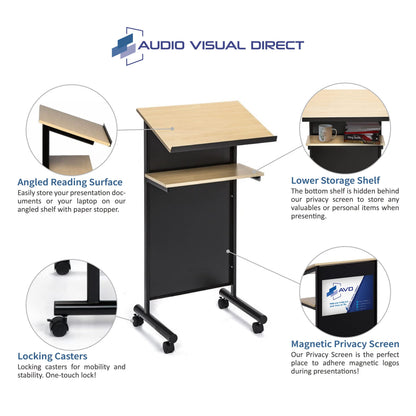 Audio-Visual Direct Wheeled Lectern with Storage Shelf - Beech/Black - Compact Standing Desk for Reading - LapTop Stand