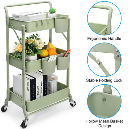 Shrivee 3-Tier Foldable Metal Shelf Organiser, Serving Trolley with Wheels for Kitchen, Bathroom, Office Green