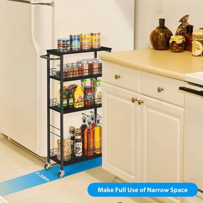 CADUKE Slim Storage Cart Kitchen Rolling Utility Cart on Wheels 4 Tier Mobile Narrow Cart with Wood and Metal Handle Slide Out Storage Shelving Unit