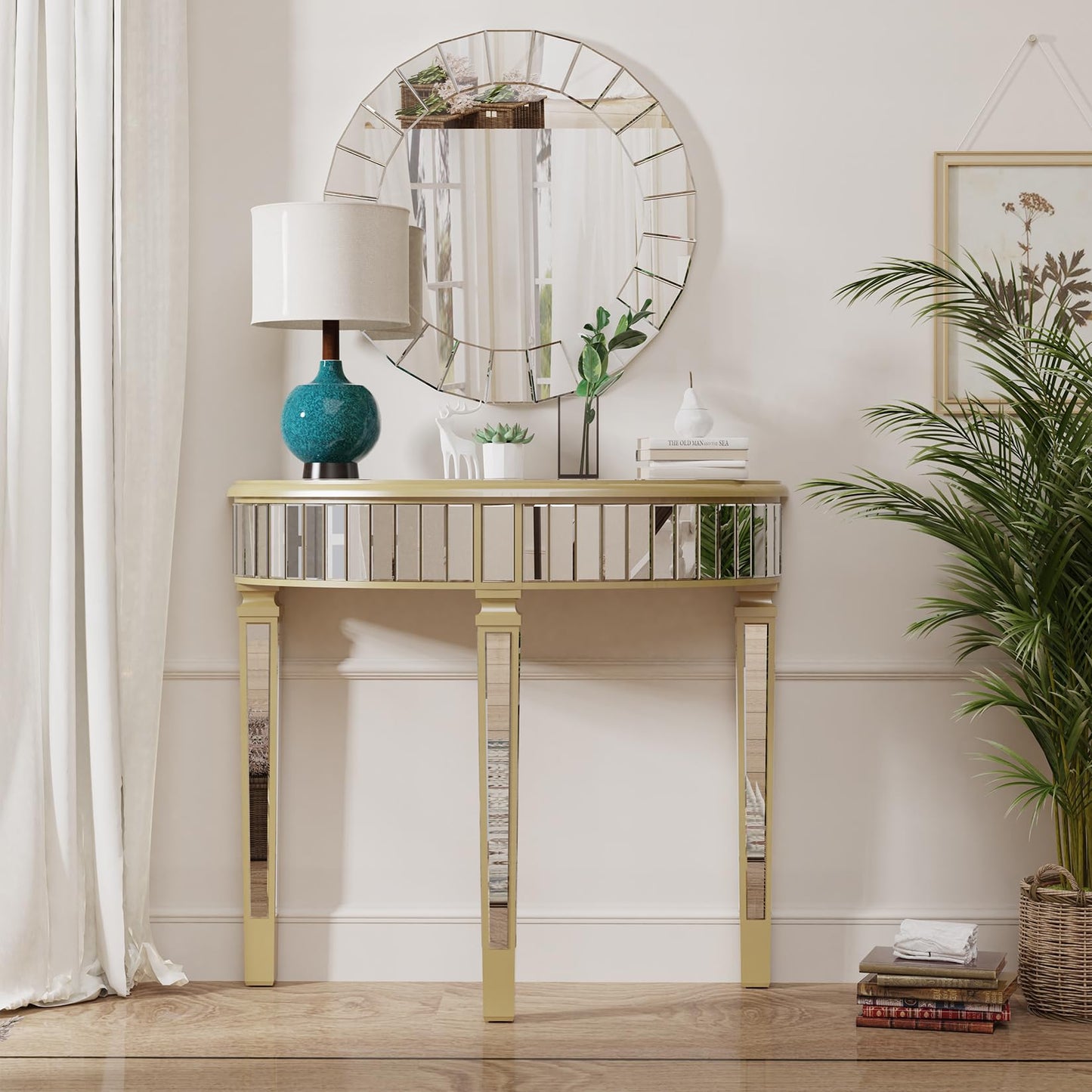 Artloge Half Moon Console Table Mirrored : Silver Hallway Table 90 x 35 x 80.5cm Aesthetic Elegant Glass Console Tables with Sturdy Square Column Leg