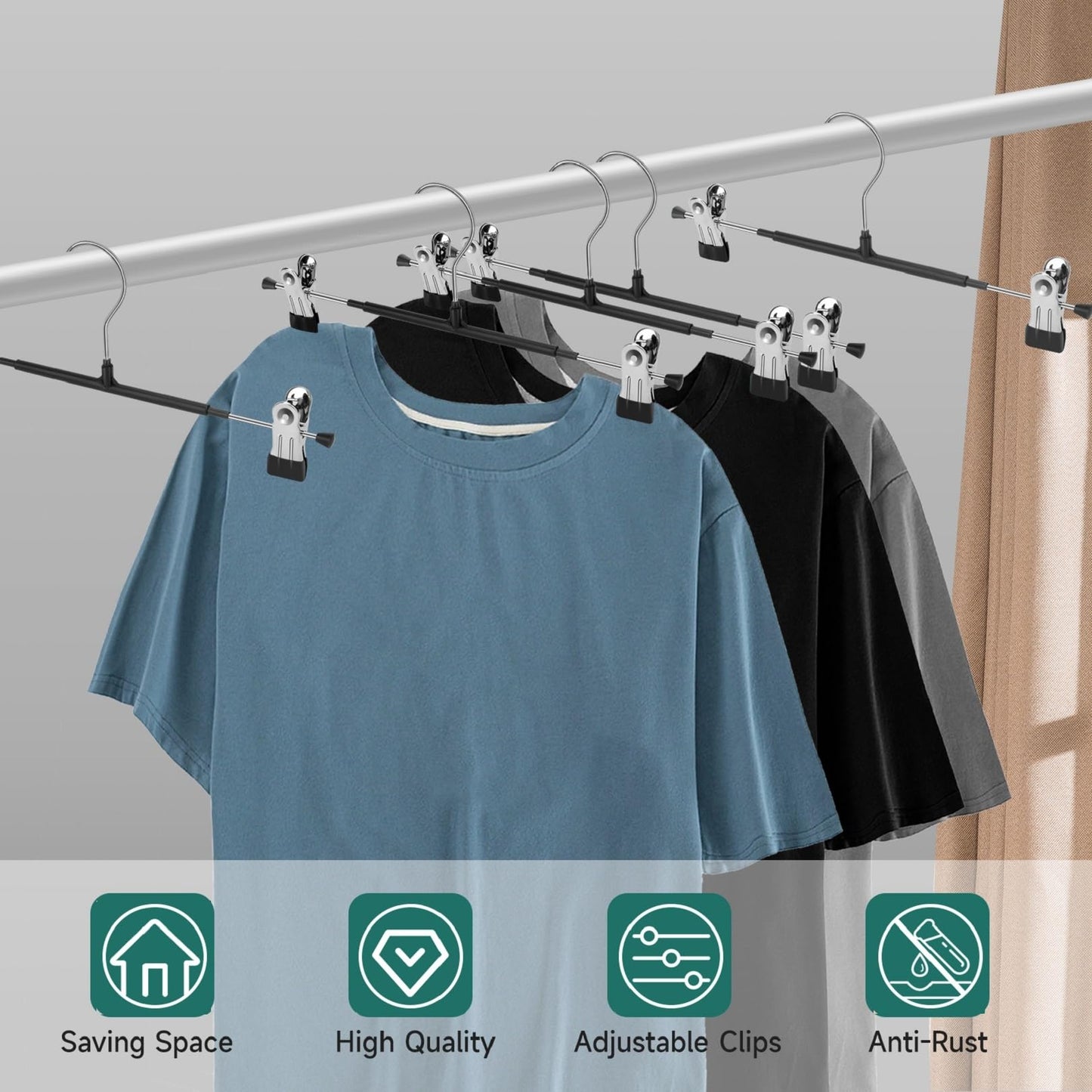 Mutsitaz Pack of 10 Metal Trouser Hangers for Trousers Socks Skirts 30 cm Skirt Hanger with 2 Non-Slip Clips