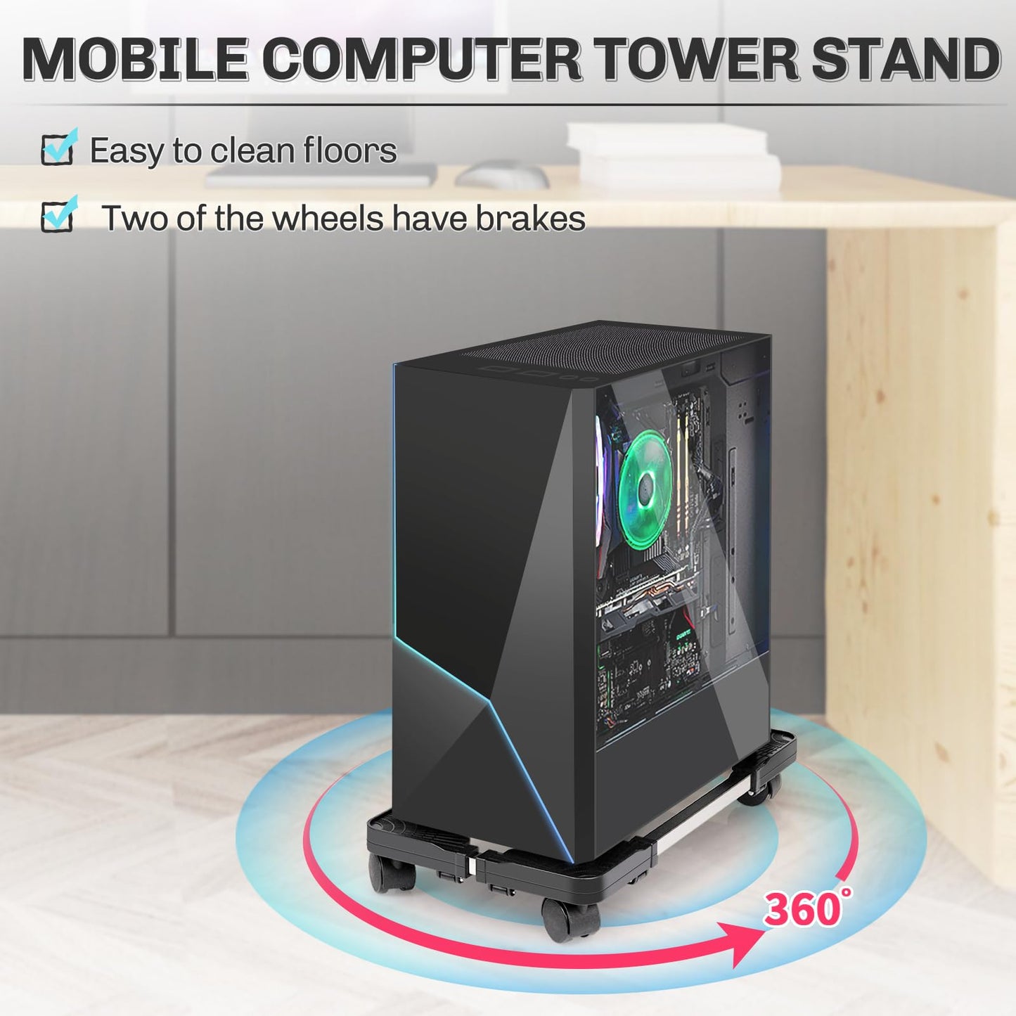 Liitrton Mobile CPU Stand Adjustable Computer Tower Stand with 4 Caster Wheels Fits Most PC (Black)