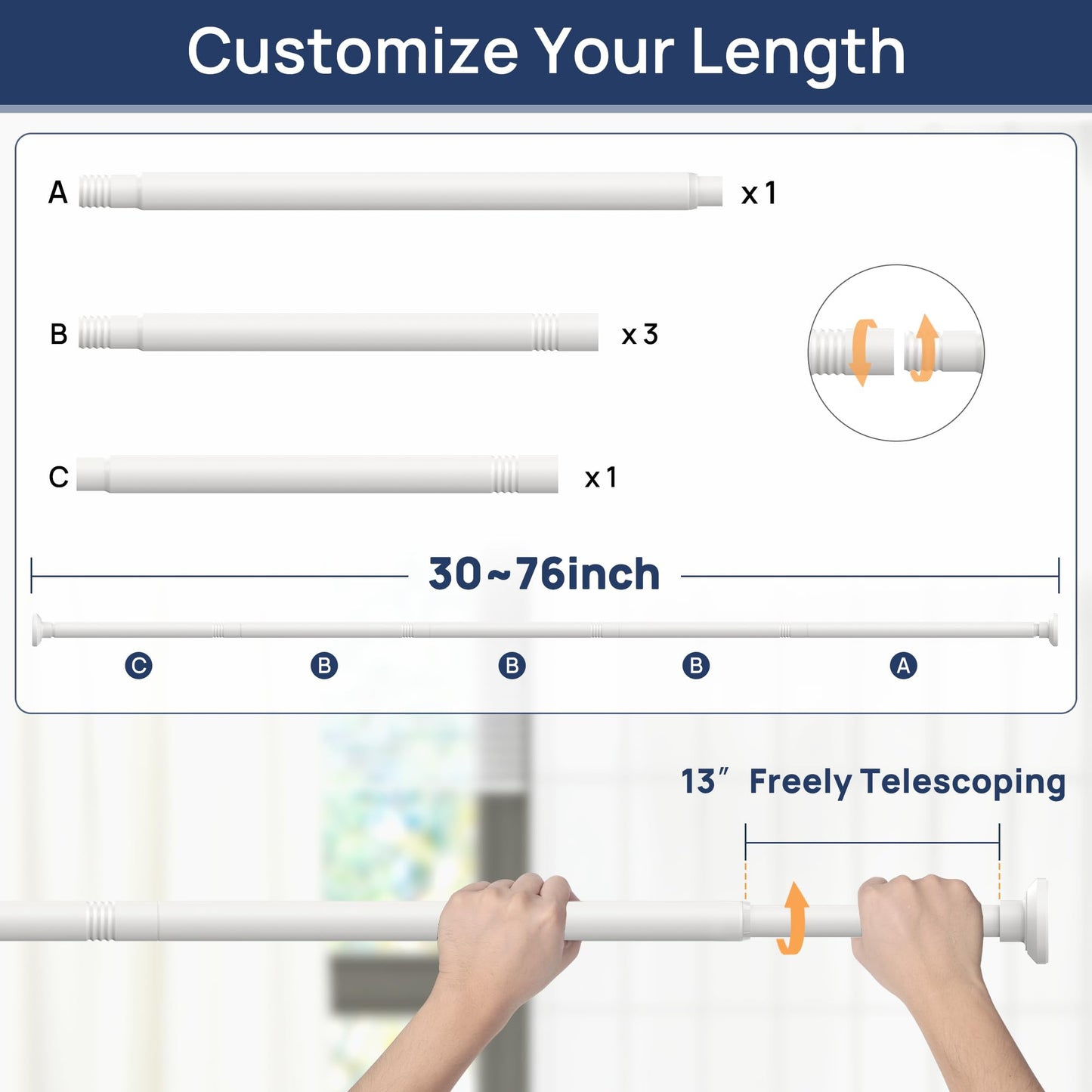ENJOYBASICS Shower Curtain Pole 84 to 183 cm, 1 Inch Extendable Tension Rods for Curtains No Drill, Shower Rail for Bathroom, Closet, Window