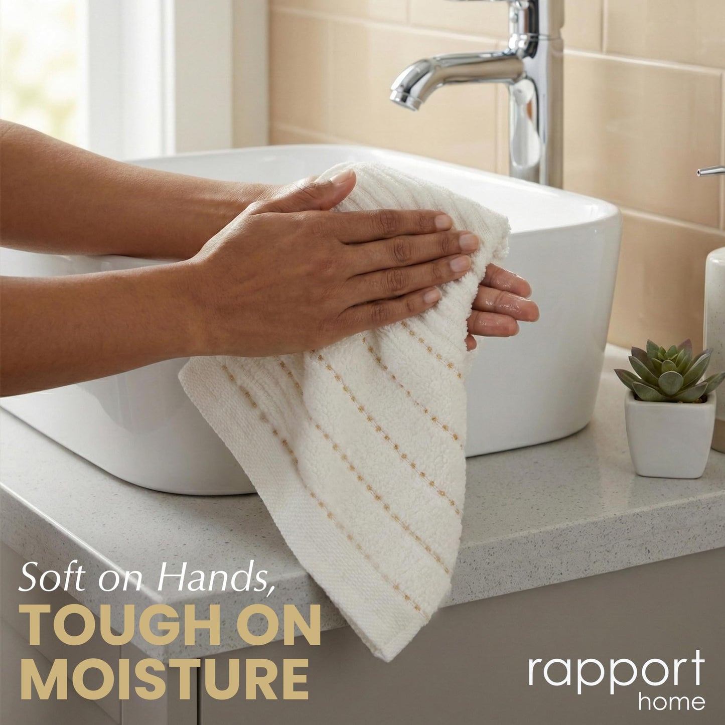 Rapport Home 2-Pack Linear Hand Towels | 50x85cm 100% Cotton 500GSM | Absorbent & Soft Bathroom Towel Set | Oeko-Tex Certified | Ivory Cream