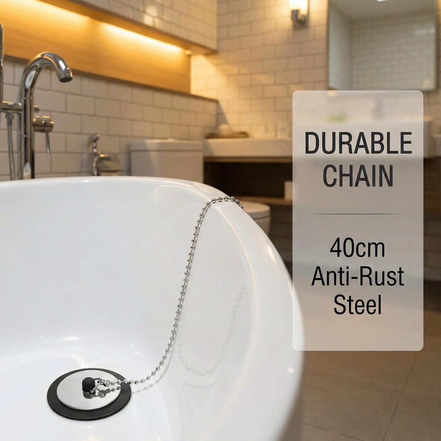 3 Pcs Bath Plug with 40cm Stainless Steel Chain, Universal, 42mm to 45mm, Sink Plug Replacement for Bathroom, Kitchen, Bathtub, Rubber Drain Stopper