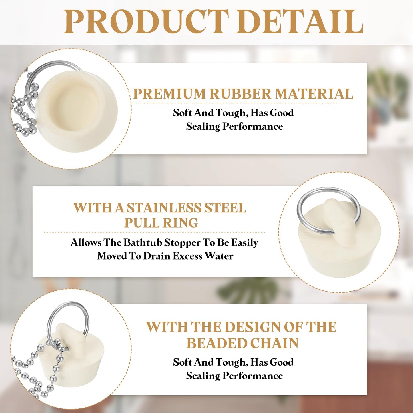 PATIKIL Tub Drain Stopper, 3Pcs for 7/8" to 1" Rubber Bath Tub Drain Sink Stopper with Pull Ring Stainless Steel Beaded Chain for Kitchen Sink