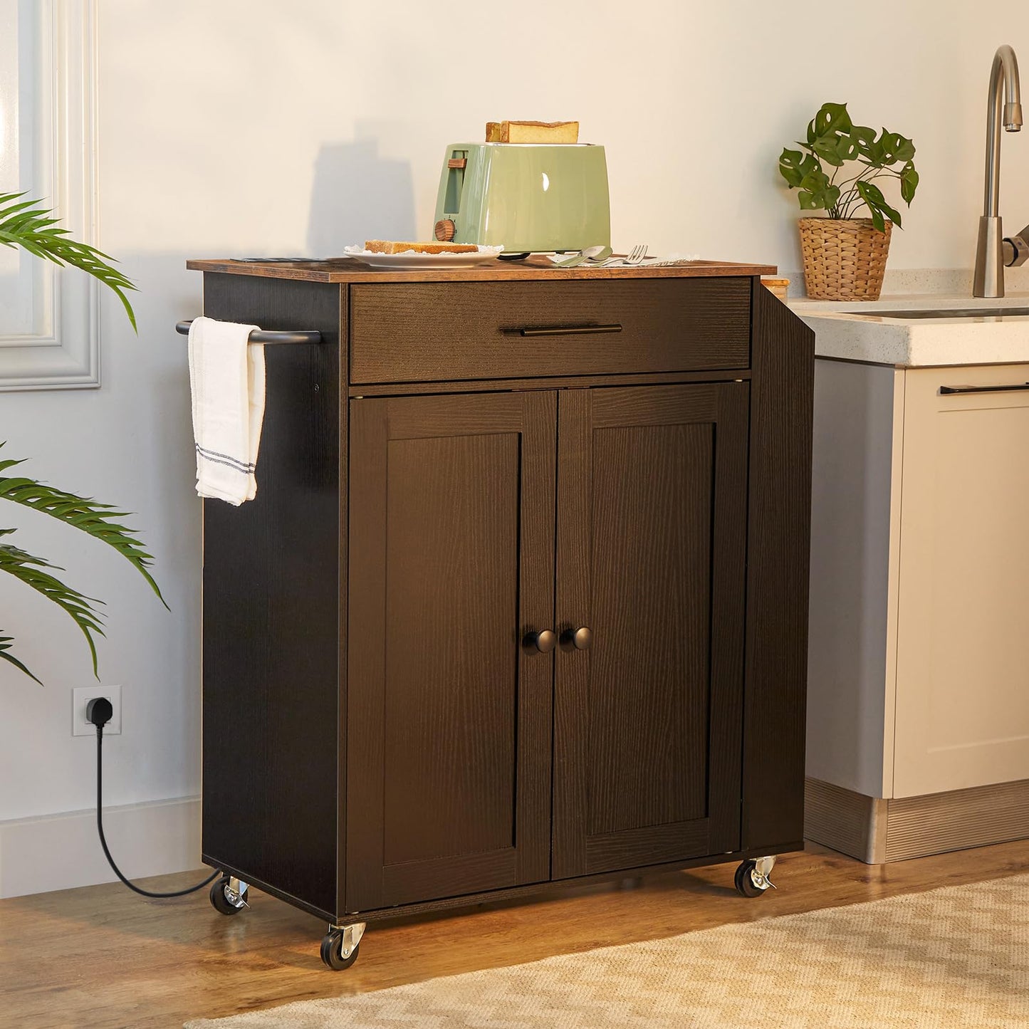 HOOBRO Kitchen Island on Wheels, Rolling Kitchen Island Storage Trolley with Spice Rack and Drawer, with Power Outlet, Utility Serving Cart, for Home