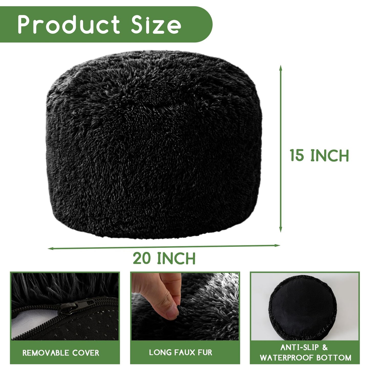 HIGOGOGO Faux Fur Beanbags Round Footstool Bean Bag Pouf with Foam Chunk Filling, 50 x 35 cm Floor Poufs Foot Rest for Living Room, Black