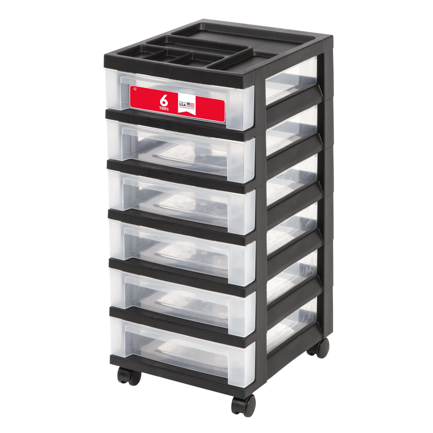 IRIS Plastic Storage, Rolling Cart with Organizer Top, Black, 6 Drawer